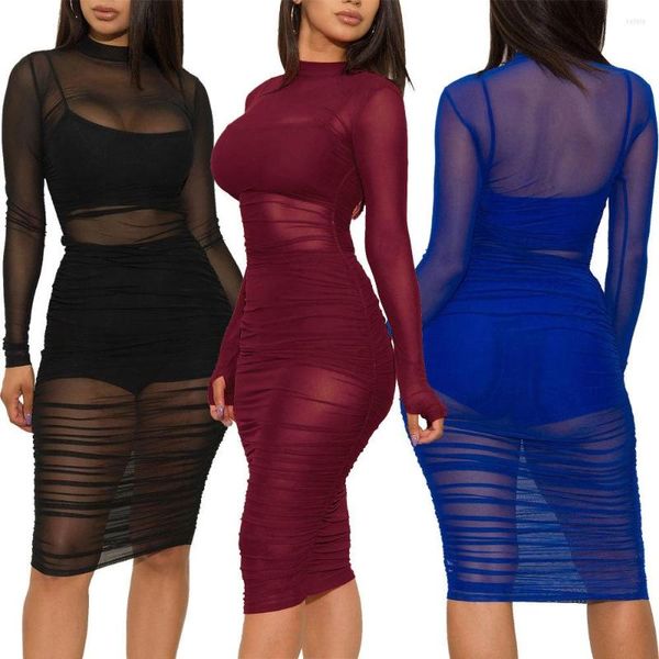 Casual Kleider Sexy Mesh Knie Club Kleid 3 teile/satz Mädchen Y2k Kleidung Langarm Bodycon Dres Spaghetti Strap Crop Top Shorts Clubwear