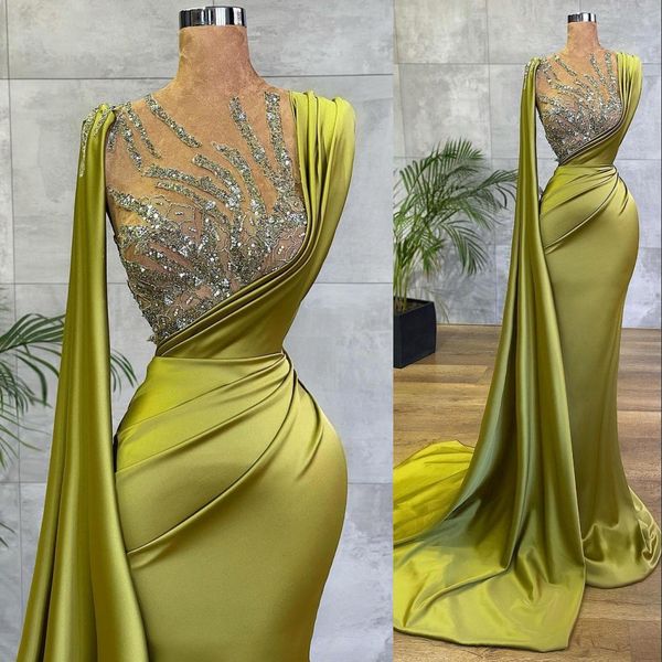 2023 vestidos de baile árabe vestidos limão verde cetim sereia pura malha de lantejoulas superior de lantejoulas de cristal ocasião formal use caçador de ouro puro pescoço vestido de trem de trem