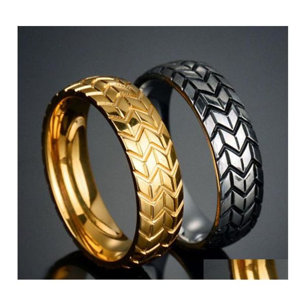 Anelli a fascia Gold Sier Pneumatico in acciaio inossidabile per uomo Hip Hop Punk Biker Ring Drop Delivery Jewelry Otbqj