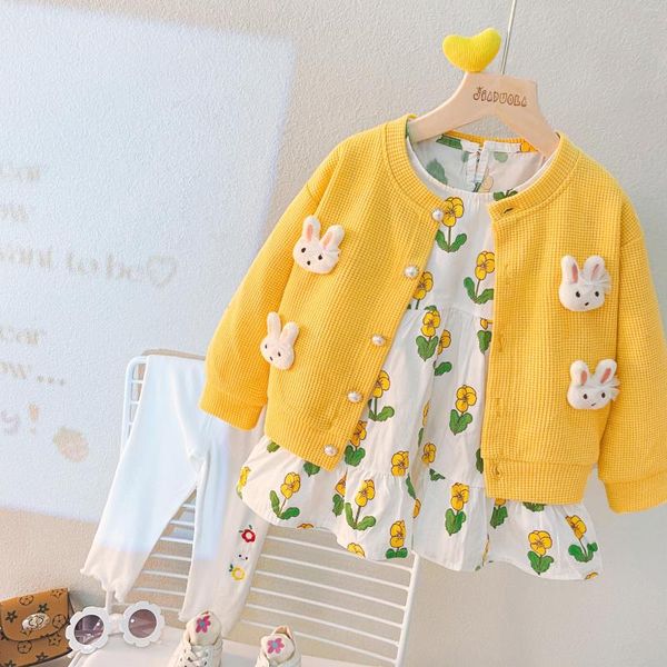 Наборы одежды 1 2 3 4 года девочки осенний бутик -набор для цветочного печати вязаное пальто с жемчужными кнопками Дети милые высокие наряды