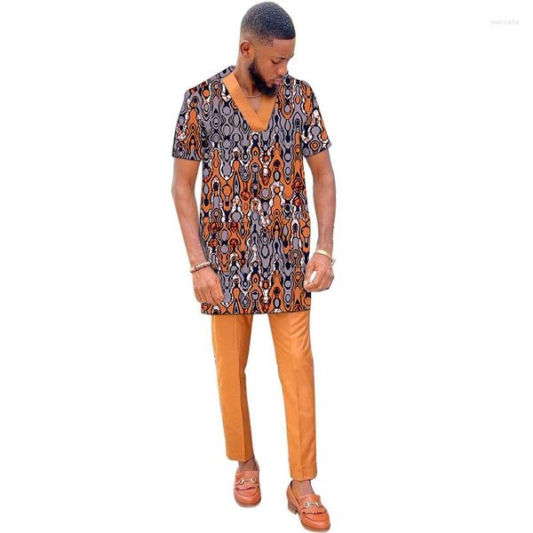 Herren-Trainingsanzüge, orange Herren-Hosen-Sets, Patchwork-Hemden, solide goldene Hosen, kurze Ärmel, V-Ausschnitt, Tops, männlich, afrikanisch, Hochzeit, Bräutigam