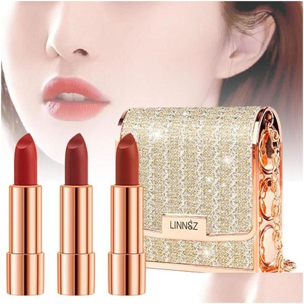 Lip Gloss 3 pezzi Set di trucco per rossetto con un supporto per Cluth Texture opaca Bastone a lunga durata Consegna a goccia Salute Bellezza Labbra Dhpbc