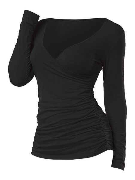 Женская футболка готическая женщина черная рюша, палачая футболка с длинным рукавом осень весна V шея повседневные твердые женские топы Tees 3xl 230110