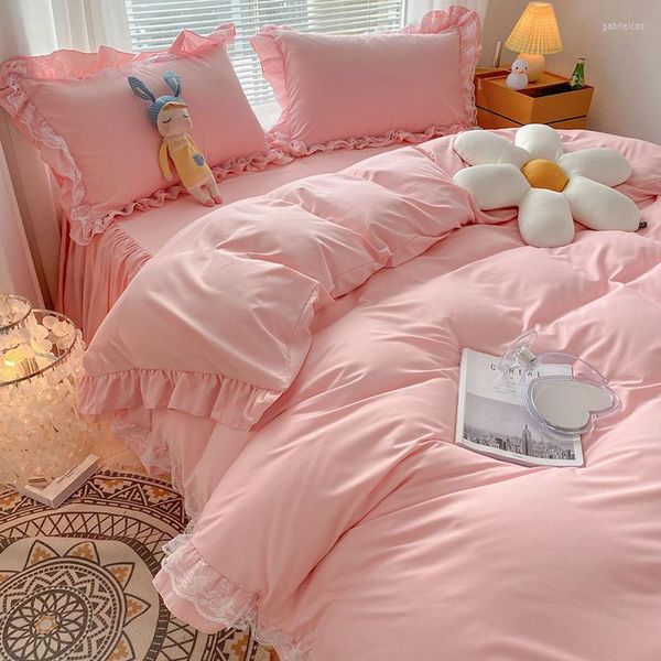 Bettwäsche-Sets im koreanischen Prinzessin-Stil für Mädchen, einfarbig, exquisite Rüschen, Spitze, rosa Bettrock, Bettbezug, Königin-Kissenbezug