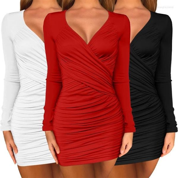 Casual Kleider Mini Kleid Frauen Frühling 2023 Sexy V-ausschnitt Langarm Plissee Enge Schwarze Frau Bar Party Vestidos