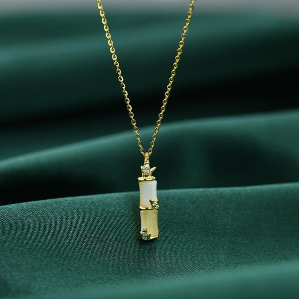 Anhänger Halsketten Bambus Halskette Damen Sterling Silber 2023 Hochhaus Schlüsselbeinkette Mode Netz Rotgold für FrauenAnhänger
