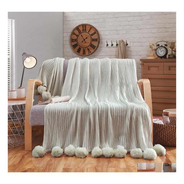 Decken 100x150 cm Pom Strickwurf Wurfdecke Baumwollhäkchen Streifen Teppichbett Sofa Auto Home Schlafzimmer Dekoration 3 Farben Drop Lieferung G DHFKE