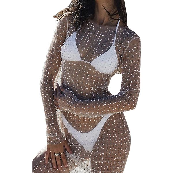 Sexy Frauen Party Kleider Sheer Mesh Perle Strass Cover Up Kleid Strand Bademode Bikini Badeanzug Coverups