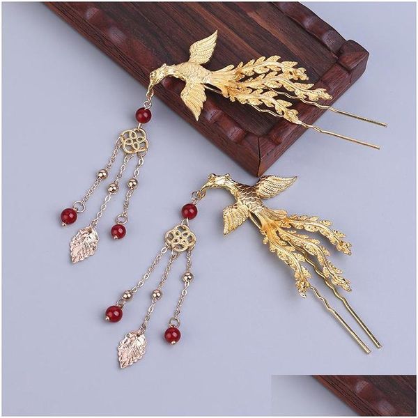 Acessórios para cabelos estilo chinês phoenix hairpin ornamentos antigos para mulheres que balançam bastões de borla retro hanfu entrega de queda pr dhcsd
