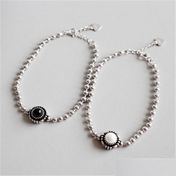 Серебряный новый модный винтаж M Beads Chain Bracelets Women 925 Стерлинги Серванная Жемчужная Жемчужина и черная агата свадебные ювелирные украшения Dhwky