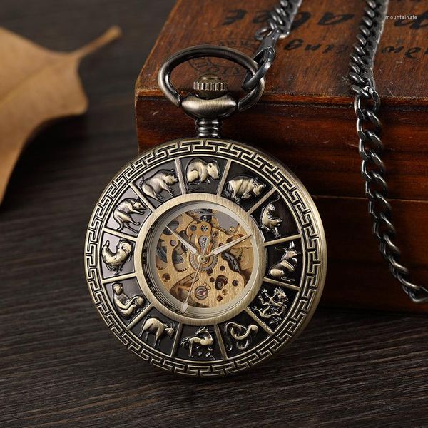 Orologi da taschino Dodici orologi meccanici animali cinesi Scheletro cavo Steampunk Segni Numeri romani antichi Catena dell'orologio Fob a carica manuale