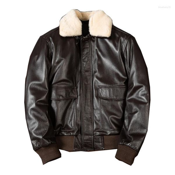 Jackets masculinos Autumn e inverno camada superior camada de chicote de cheiro de casaco de couro genuíno jaqueta piloto de couro com colar de pele destacável CORIUM DE TAMANHO GRANDE