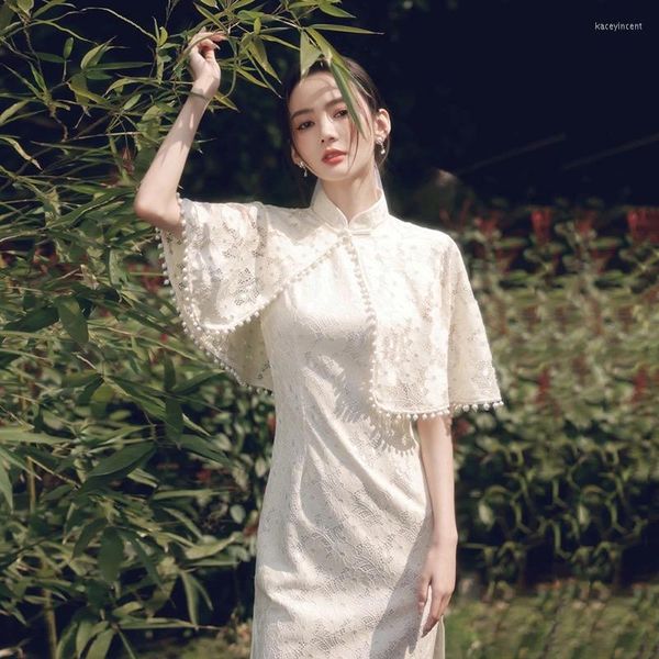 Ethnische Kleidung Cheongsam Kleid Modern 2023 Chinesische Retro Spitze Qipao Kleider mit Perlenschal Zweiteilige elegante Cheongsams Orientalische Party