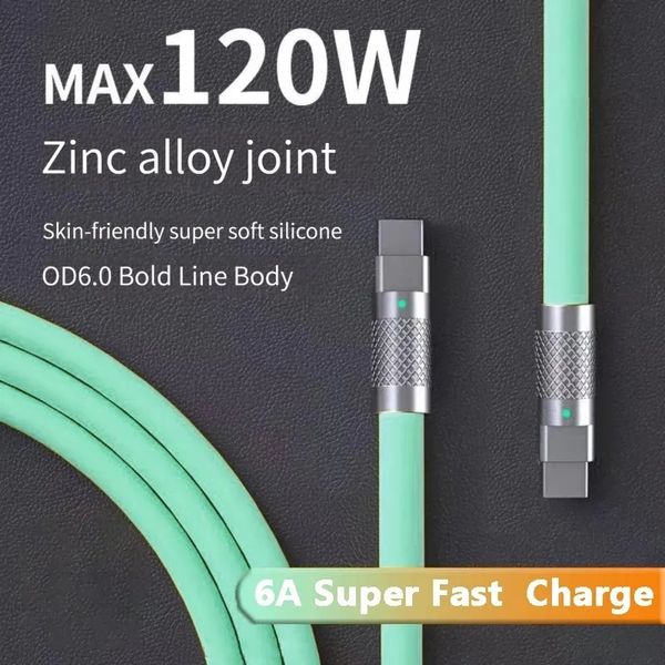 PD 120W 6A Super Fast Fast Charge Cables Type C Жидкий силиконовый кабель быстрого зарядного кабеля цинк сплав с сплавом USB C до C Кабель зарядного устройства для Xiaomi Samsung LG