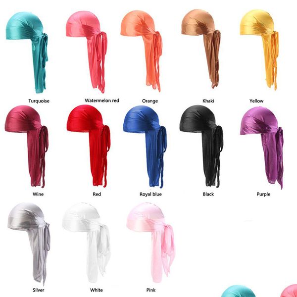 Bandas de cabe￧a por atacado Durag Men Men Solid Color Silk Durags Mulheres Bandas de cabelo de Turbano Respir￡vel 13pcspackage 221107 Drop Delivery J DHDCO