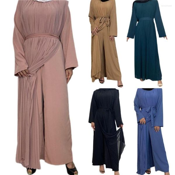 Roupas étnicas Muçulmanas Árab Abaya Ramadã Roupas Islâmicas Oriente Médio Senhoras Pleated Patchwork Leves Dress Solid Dubai Kaftan