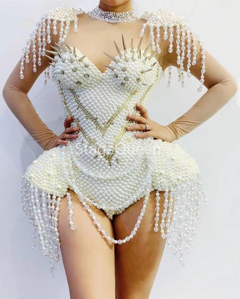 Pantaloni a due pezzi da donna Lussuosi con perle e pietre Body sexy trasparente See Through Body Spettacolo di danza Festa in costume Nappe Nightclub Outf