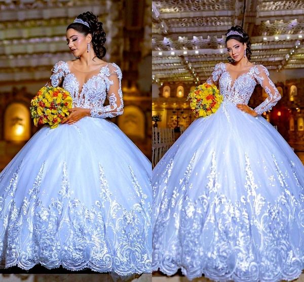 2023 Floral Floral renda Aplique vestidos de noiva de mangas compridas decote de barco Vestido de bola traseira de vestido de noiva