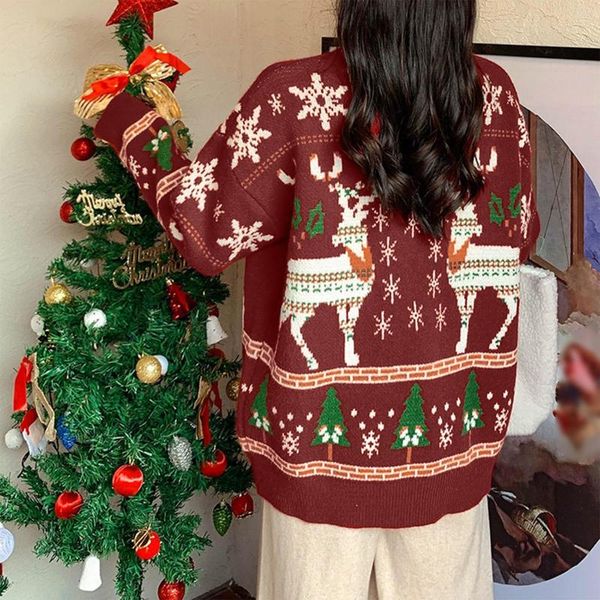 Suéteres femininos Pullover Life colete Mulheres de Natal Casual de colarinho alto lã grossa de inverno estampa de malha solta malha