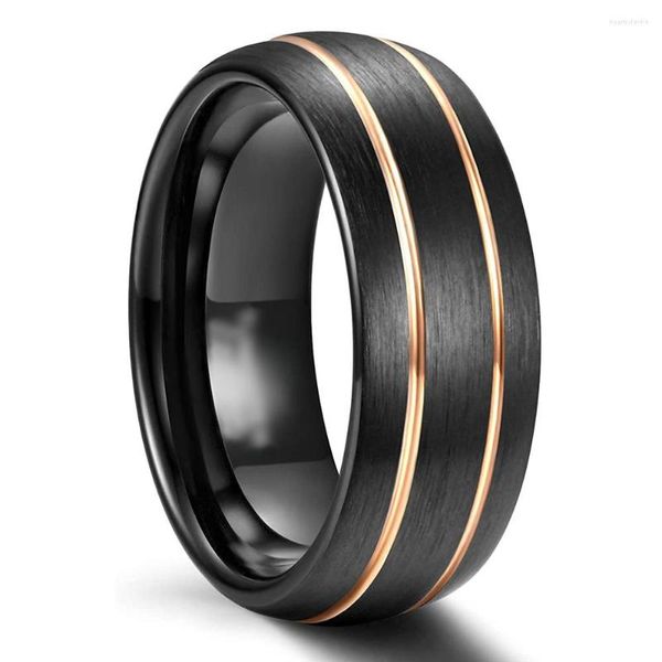 Fedi nuziali Moda 8MM Uomo Acciaio inossidabile nero Colore oro rosa Linea con scanalatura Cupola Anello di fidanzamento spazzolato Fascia all'ingrosso