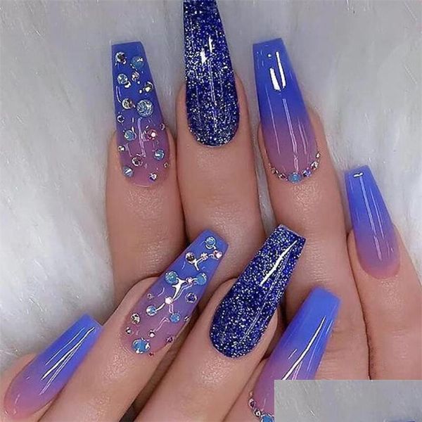 Yanlış Çiviler JP2996B3 Mavi Ombre Seti Sahte Ongles XL Uzunluk Tutuş Damlası Sağlık Güzellik Nail Art Salon Dhdtt