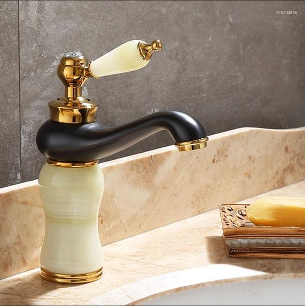 Rubinetti per lavandino del bagno Rubinetto per lavabo nero Vidric e oro freddo Rubinetto monoforo per montaggio su piano Placcatura in giada naturale