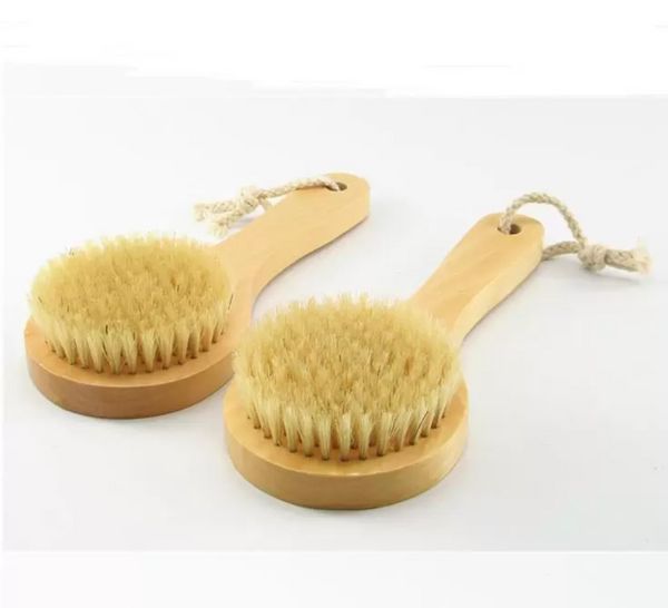 Spazzola per il corpo per pelle secca con manico corto in legno Setole di cinghiale Scrubber per doccia Massaggiatore esfoliante FY5312 tt0110