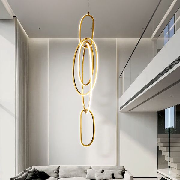 Goldene Kreise Pendelleuchten, LED, amerikanische moderne Ringe, lange Pendelleuchten, europäische Innenbeleuchtung für Zuhause, Dekoration, Villa, LOFT, Treppen, Weg, Hängelampe