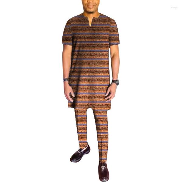 Tute da uomo Design semplice Stampa africana Camicia con scollo a V Toppa Pantalone da uomo Completi manica corta Pantaloni Abiti maschili nigeriani