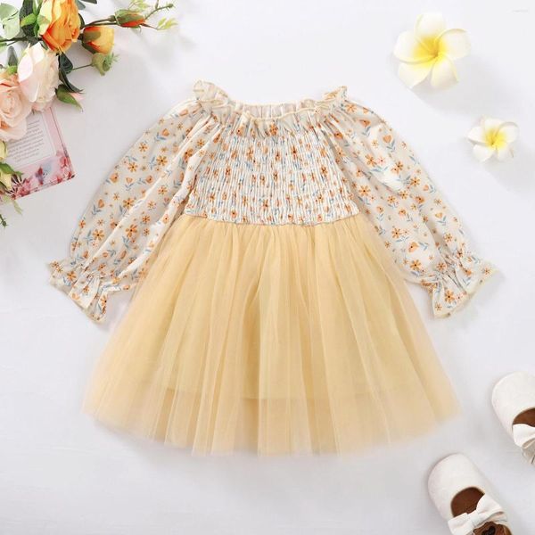 Abiti da ragazza Vintage Dark Dress Infant Girls Child Manica lunga Fiori Stampe a farfalla Tulle Princess Kids Party