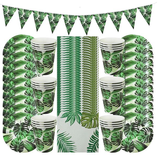 Одноразовая посуда 61pcs Summer Dailware Set Swards Green Monstera Paper Placing Cup Cups Sapkins Tropical Hawaii Свадебные вечеринки поставка 230110