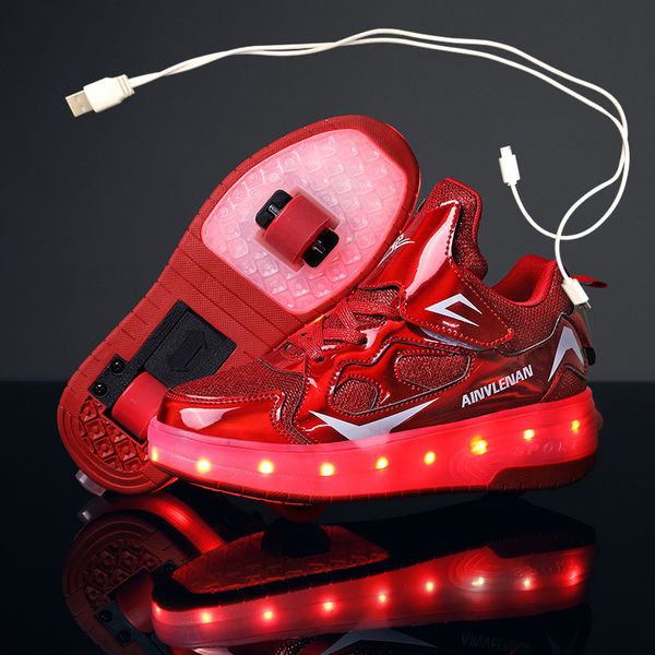 Sapatilhas Crianças Duas Rodas Luminosas Sapatilhas Brilhantes Preto Rosa Vermelho Led Light Roller Skate Sapatos Crianças Led Sapatos Meninos Meninas Carregamento USB 230110