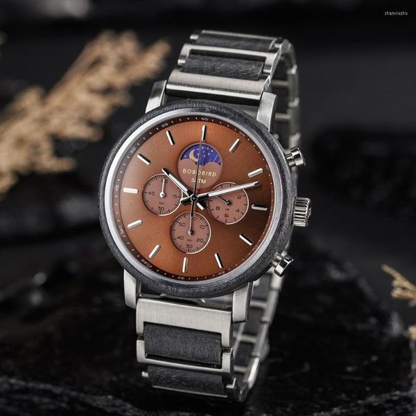 Relógios de pulso Bobo Bird Wood Watch Top Luxury Men Moon Fase Quartz Wristwatch Multifunction Business Clock Custom Box Caixa