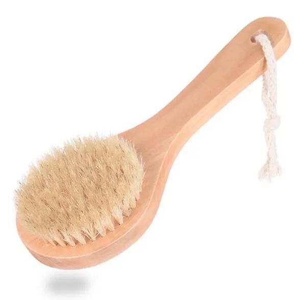 Spazzola per il corpo della pelle secca con manico corto in legno Setole di cinghiale Doccia Scrubber Massaggiatore esfoliante Accessori per il bagno FY5312