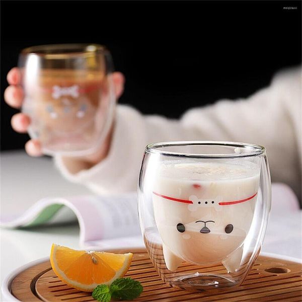 Bicchieri da vino Tazza Tazza di vetro 3D 2 livelli Cane bianco adorabile Birra innovativa Resistente al calore Doppia parete Caffè Latte Succo Natale