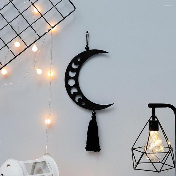 Figurine decorative Black Moon Wall Hanging Room Decor Boho Wood Hollow con ornamenti artistici in nappa Soggiorno Camera da letto Decorazione domestica