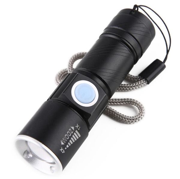 Potente torcia a LED a portata di mano USB USB ricaricabile Flash Light Pocket mini torcia a LED Lampada zoomabile Batteria incorporata 18650 per campeggio da caccia