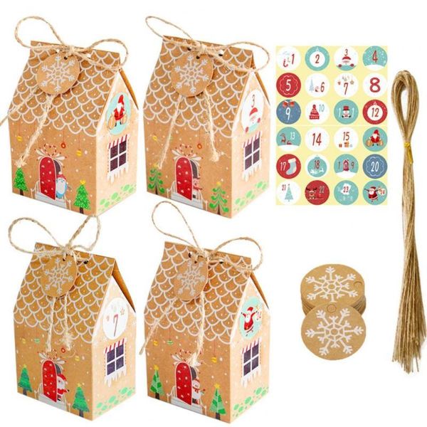 Decorazioni natalizie 24 set Candy Bag House Shape Paper Cookie Confezione regalo in finta carta kraft per decorazioni natalizie