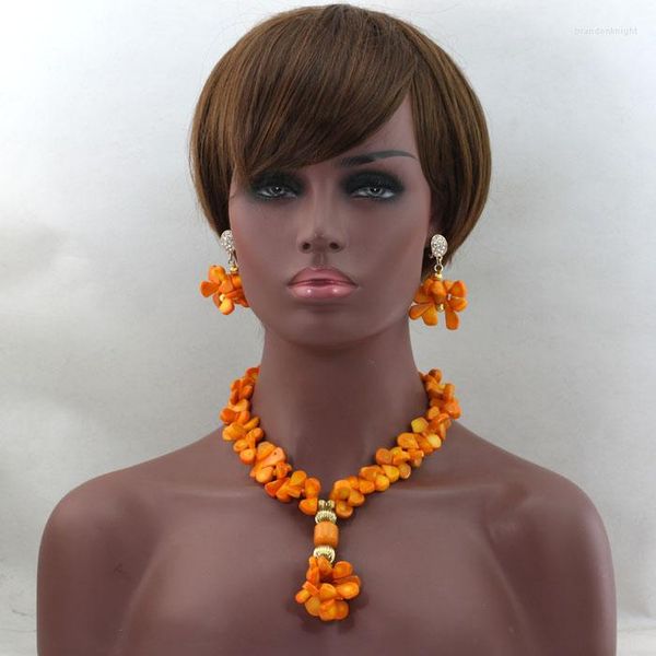 Halskette Ohrringe Set Trendiger Brautschmuck Afrikanische Hochzeitsperlen Gelb Orange Koralle Nigerianisches Statement ABL488