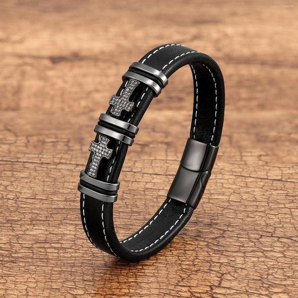 Charm Armbänder Klassische Männer Frauen Lederarmband Schwarz Geflochtene Seilkette Glänzende Zirkon Kreuz Armreifen Edelstahl Verschluss Großhandel