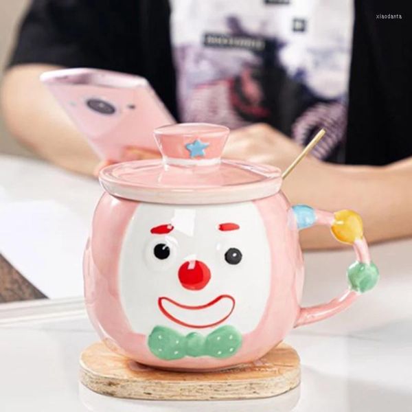 Tazze 500ml Tazza da caffè in ceramica con clown del circo disegnato a mano carino con coperchio e cucchiaio Tazza da colazione creativa per tè e latte di grande capacità