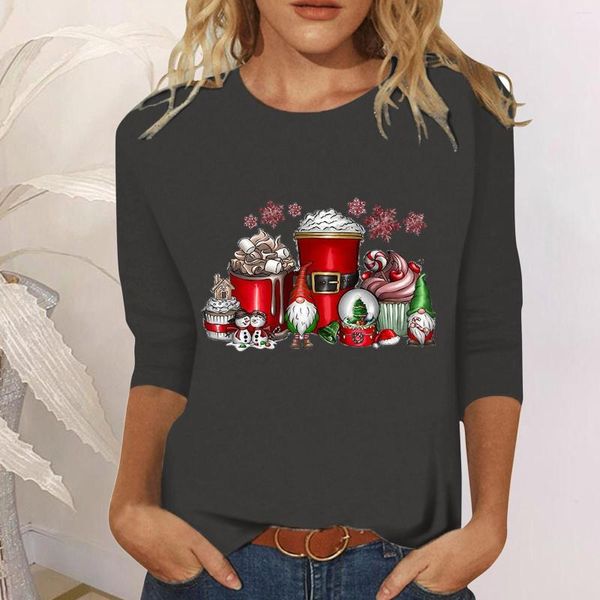 Damen-T-Shirts für Damen, Weihnachten, lässig, modisch, Tasse, Zwerg, Druck, Rundhalsausschnitt, Dreiviertel-Ärmel, einfach, lang, für Damen