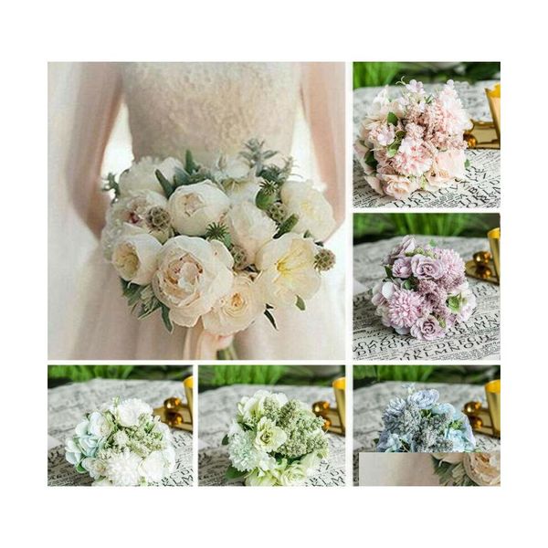 Ghirlande di fiori decorativi Stile di marca Fiore di rosa artificiale per la festa nuziale Decorazioni per la casa Bouquet da sposa finto Drop Delivery Garde Dhqsi