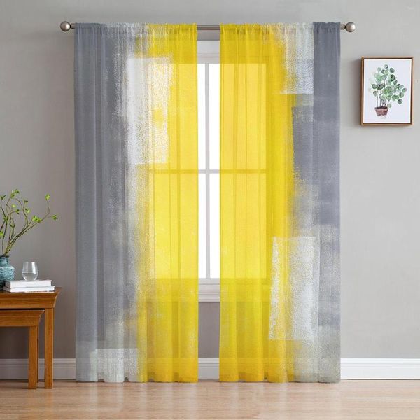 Tenda Giallo Grigio Arte astratta Texture Tende trasparenti per soggiorno Camera da letto per bambini Cucina Tulle Voile appeso