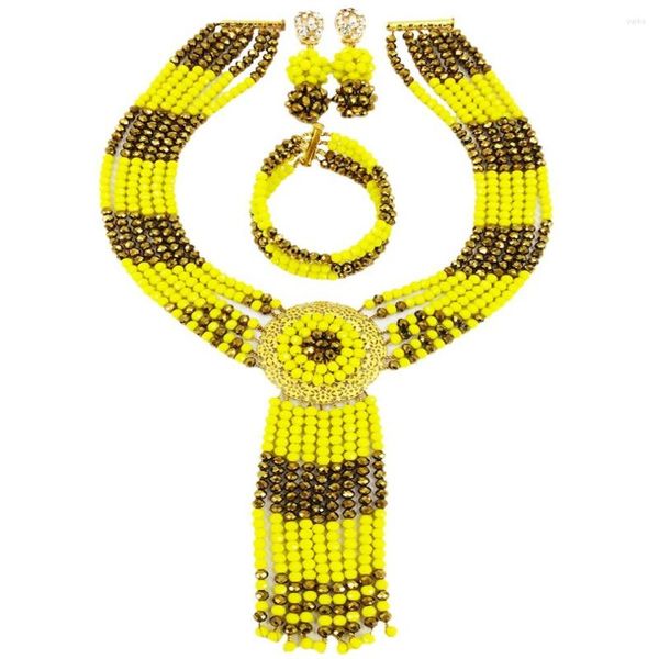 Свадебные украшения наборы модного непрозрачного желтого золотистого коричневого хрустального костюма из бисера африканский набор нигерийских бусин Ожерелье 6LS06