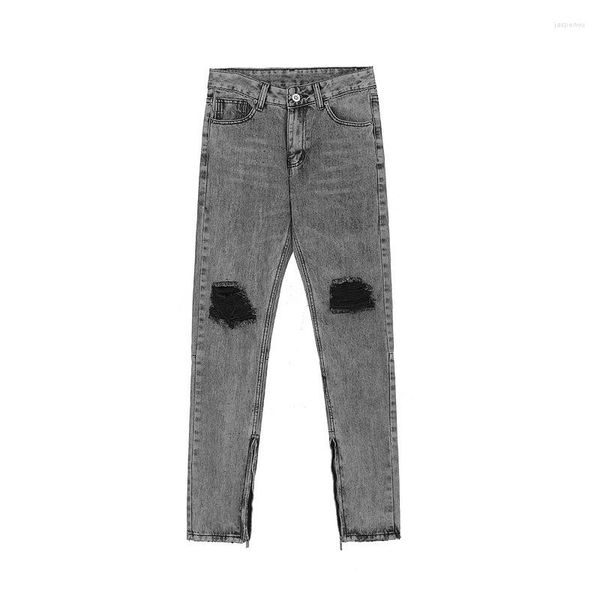 Jeans da uomo Pantaloni a matita con foro strappato slim fit con cerniera sull'orlo dei pantaloni effetto lavato retrò High Street