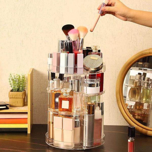 Aufbewahrungsboxen L Rotierender Make-up-Organizer 360ﾰ Drehender Make-up-Ständer 4 Schichten Klare verstellbare Kosmetik-Display-Box DIY