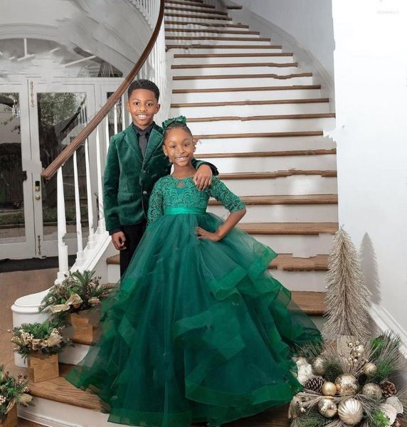 Mädchenkleider Teal Green Lace Blumenmädchenkleid für Hochzeiten mit halben Ärmeln Ballkleid Rüschen Formale Kindergeburtstagsfeier Vestidos