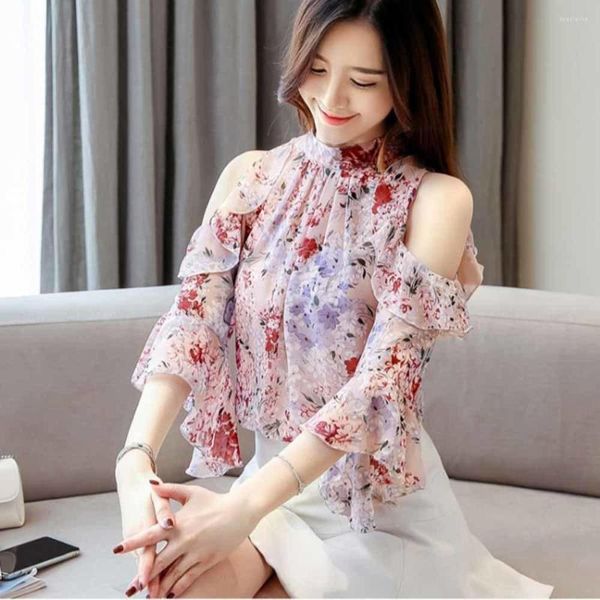 Blouses feminina Roupa femme 2023 Ladies tops blush floral chiffon para mulheres Mujer babado manga borboleta blusas rosa