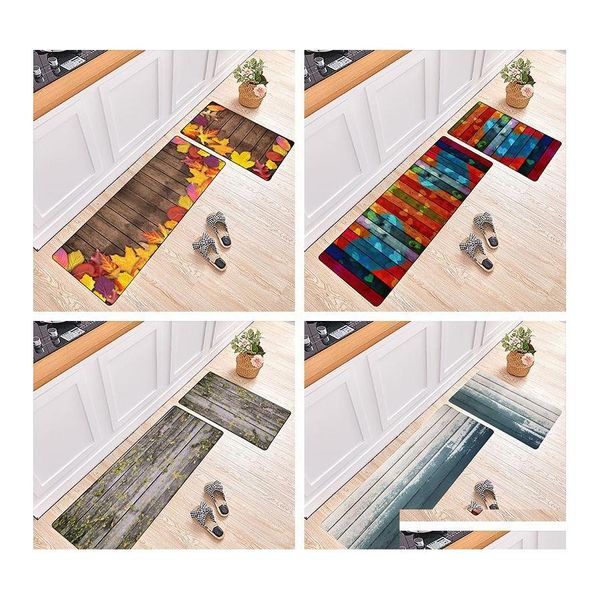 Teppiche Nordic Style K￼chenmatte absorbierende Nicht -Slip -Bodenbalkon Einfacher langes Splei￟en Teppich Holzplankenmuster Tropfen Lieferung Home Gard DHMHJ